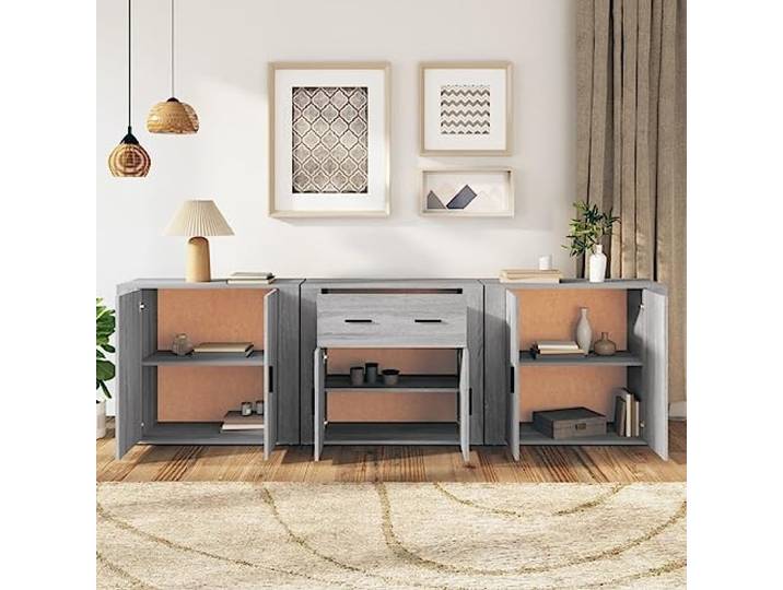 KTHLBRH Sideboards 3 Stück Grau Sonoma Holz mehrschichtig Großer Stauraum, Ausstellungsfunktion, manuelle Montage, Wandbefestigung inklusive