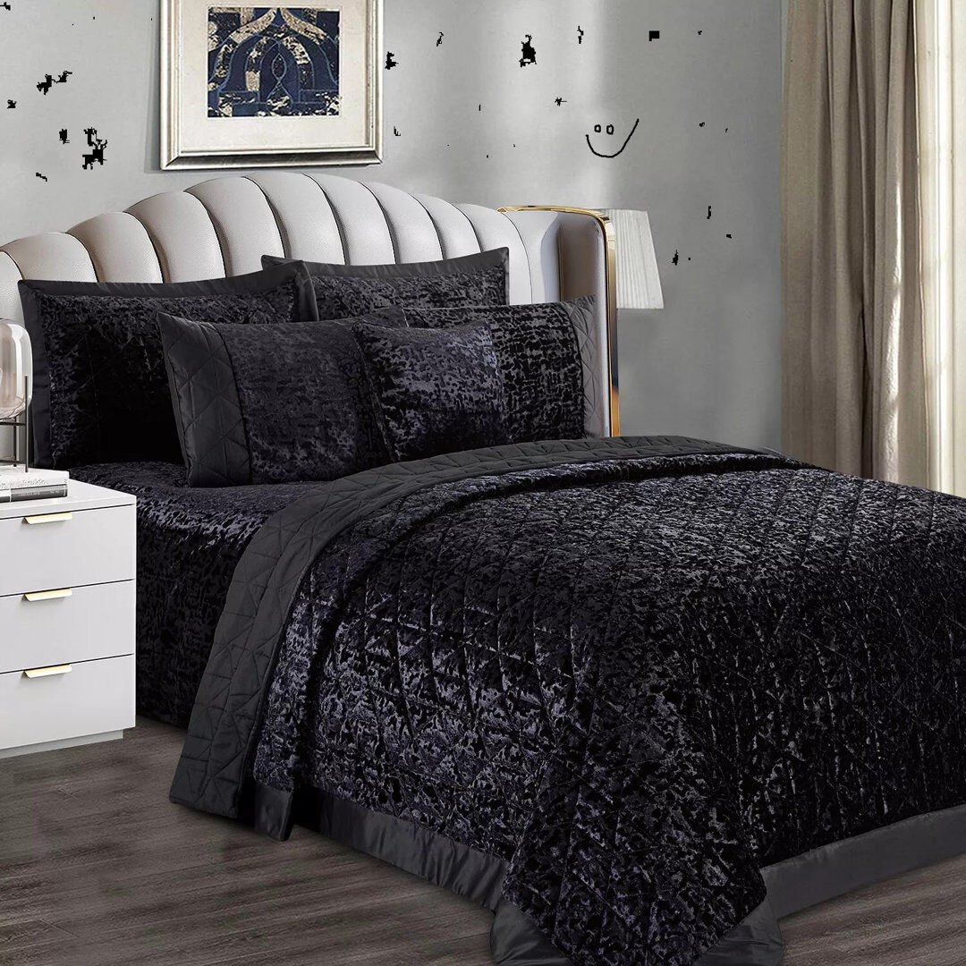 ZASH LONDON Polyester Bedspread with Pillow Shams Included Black Double Quilt + 2 Standard Shams