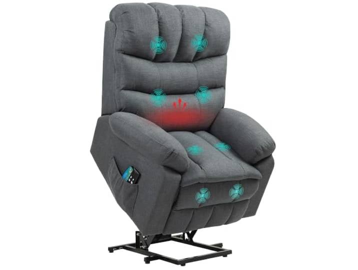HOMCOM Relaxsessel Elektrisch mit Verstellbarer Kopfstütze Dunkelgrau Fernsehsessel mit Aufstehhilfe, Massage-, Wärme- und Liegefunktion, Massagesessel, Fernbedienung, Leinoptik, Seitentasche