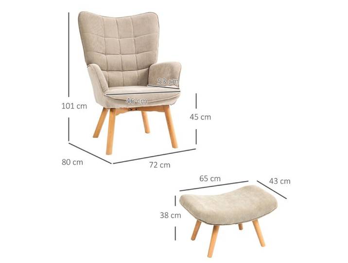 Fauteuil à oreilles avec pouf fauteuil de relaxation fauteuil rembourré aspect velours côtelé fauteuil lounge fauteuil avec acco