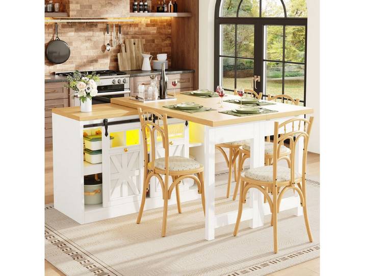 Odikalo Kücheninsel mit Esstisch 360° drehbare Farblichtsystem Stauraum, (Multifunktionaler Esstisch Seiten-Schrank Kombination, Kücheninsel Esszimmermöbel im modernen Design, Platzsparmöbel für Kücheninsel & Essbereich)