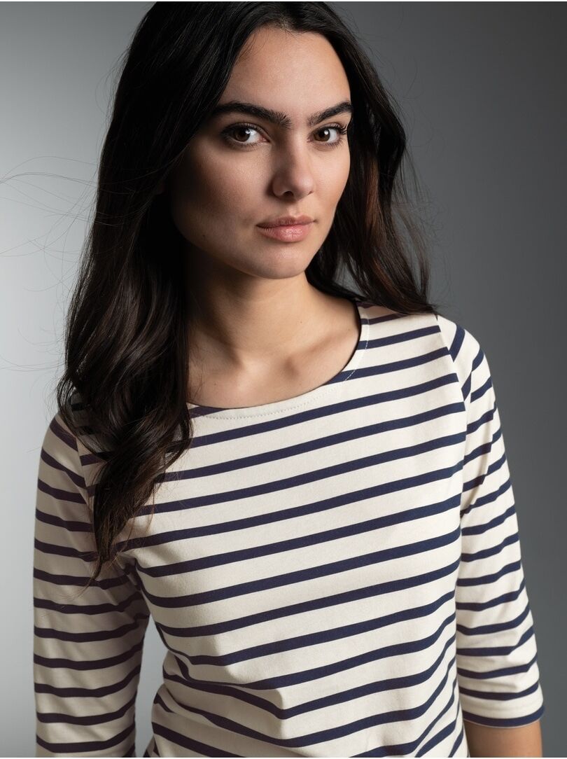 T-Shirt TRIGEMA "TRIGEMA 3/4 Arm T Shirt mit Ringelmuster "Sail", Damen, Gr. XXL, blau (natur), Single Jersey, 100% Baumwolle, Basic, Rundhals, Shirts T-Shirt natur XXL