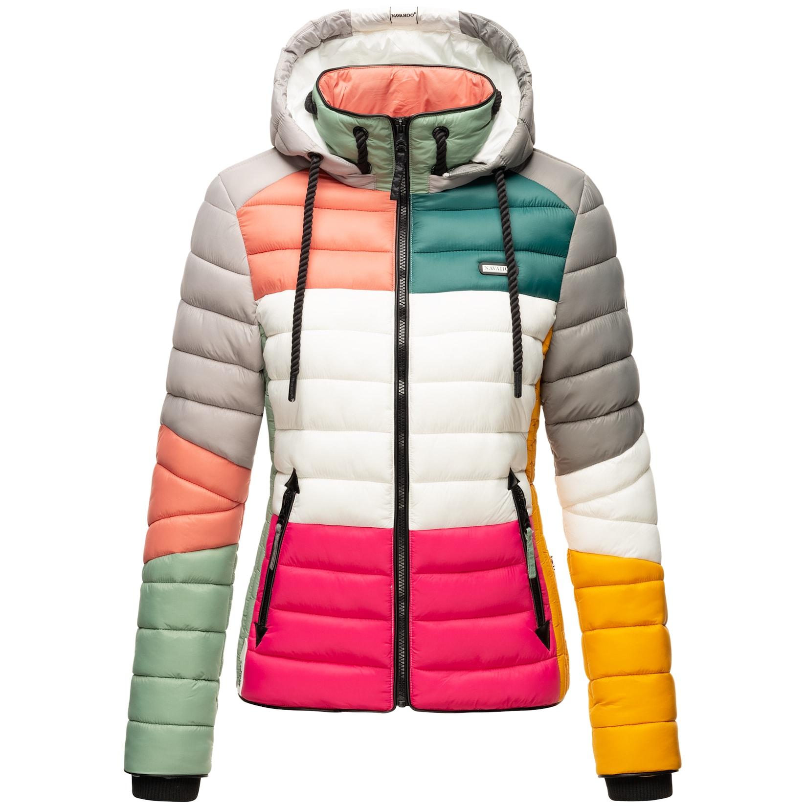 NAVAHOO Damen Steppjacke leichte Übergangsjacke mit Kapuze im Colourblocking Stil Lulana Multikulti