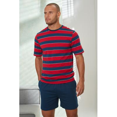 Pyjama H.I.S, Herren, Gr. 44/46 (S), bunt (rot, navy, gestreift, navy), Jersey, Obermaterial: 100% Baumwolle, gestreift, Basic, bequem kurz, Rundhals, abgesteppte Kante, Homewear-Sets Pyjama, Schlafanzug mit aufwendig gestreiftem Oberteil