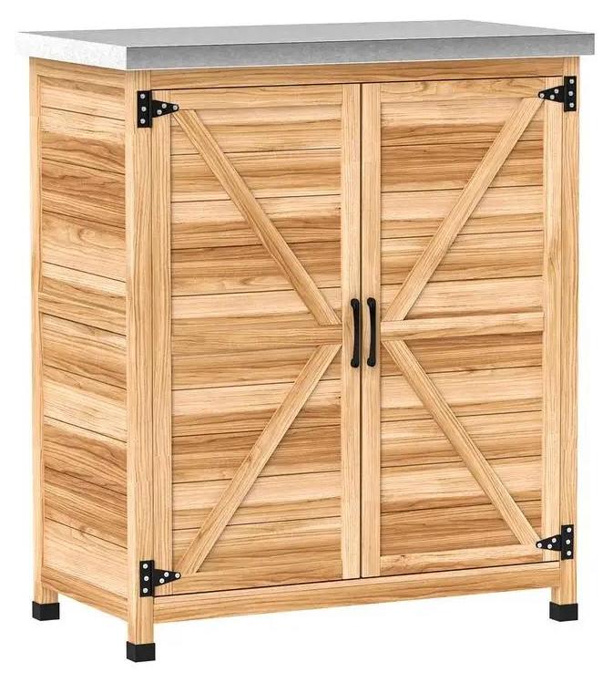 Gartenschrank - Holz Geräteschrank mit Pflanztisch - Verzinkte Arbeitsplatte - 2 Regalböden - Doppeltür - 79 x 43 x 92 cm - Wasserdicht