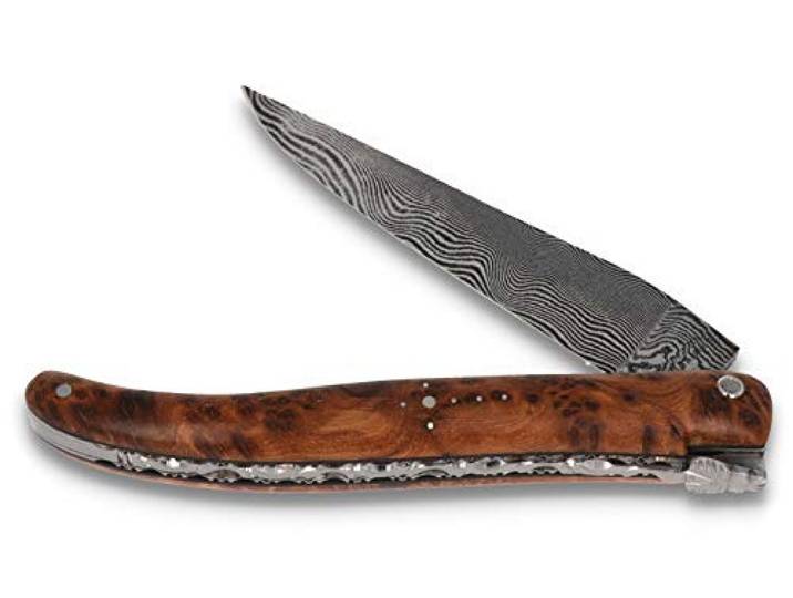 Laguiole en Aubrac Messer 12 cm - Griffschalen Thuja Maserholz plein manche - Ziselierte Platine - Damastklinge - Frankreich Taschenmesser
