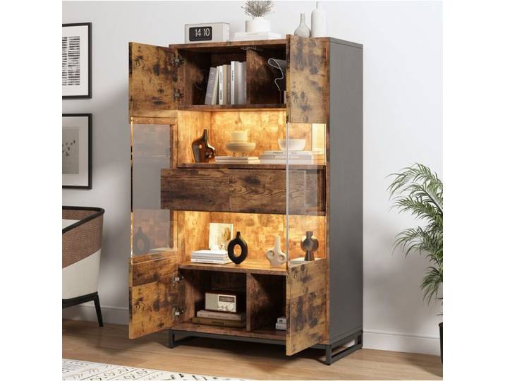 ROVRYN Vitrine 80x40x138 cm LED meuble vitrine sur pied 2 portes acrylique 2 tiroirs rangement salon MDF noir effet bois