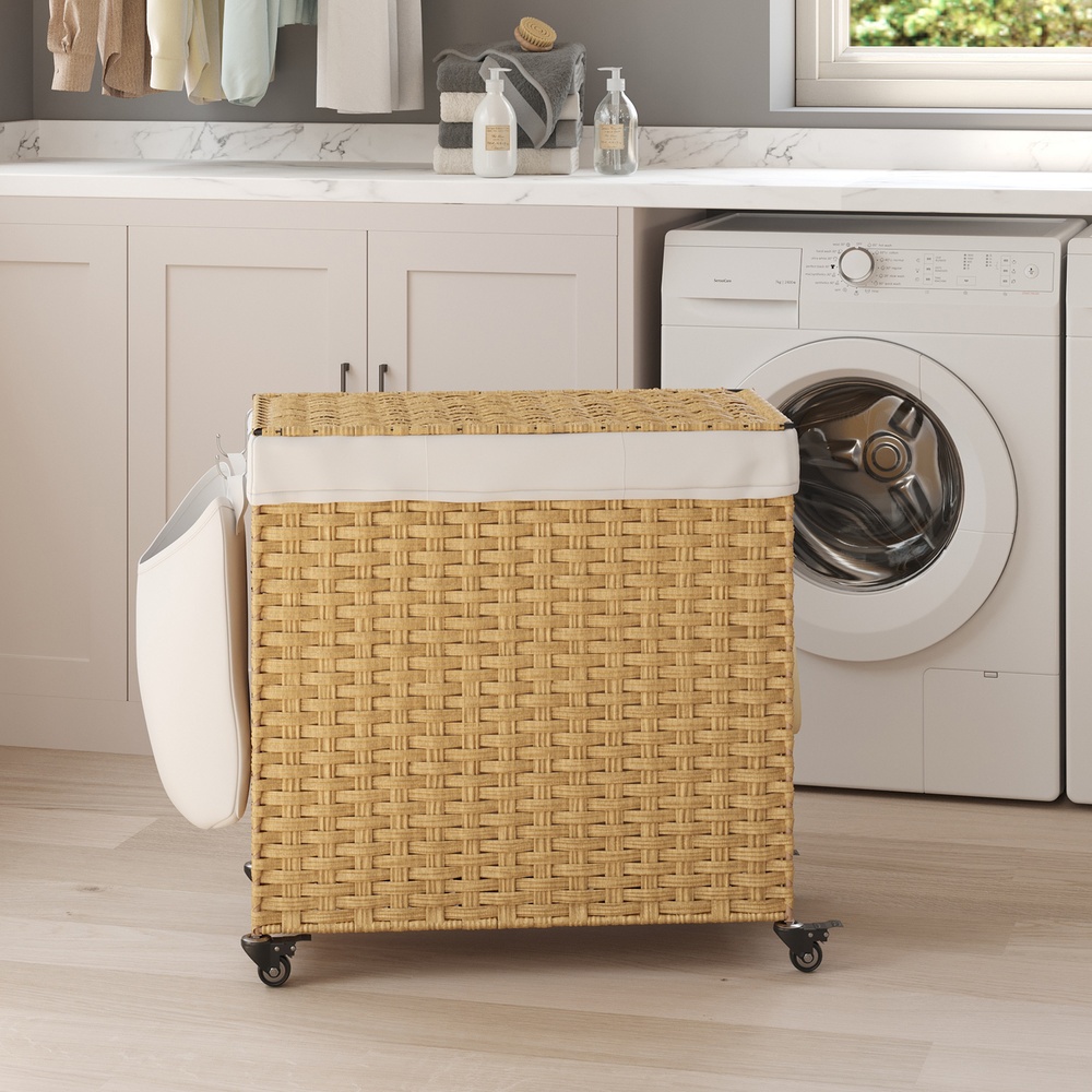 SONGMICS Wäschekorb mit Deckel, 140 L, Wäschesortierer mit Rollen LCBB35363N01