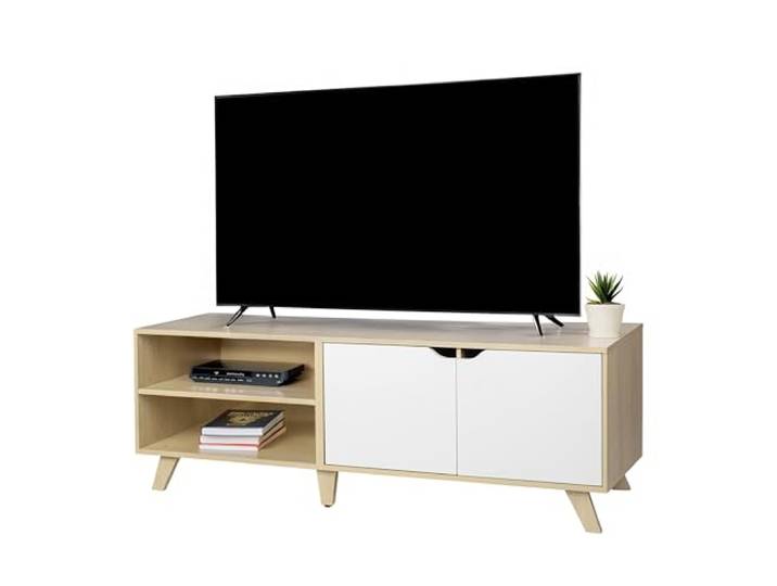 Relaxdays TV-Lowboard, 6 Fächer, TV-Schrank bis 60 Zoll, Natur/weiß