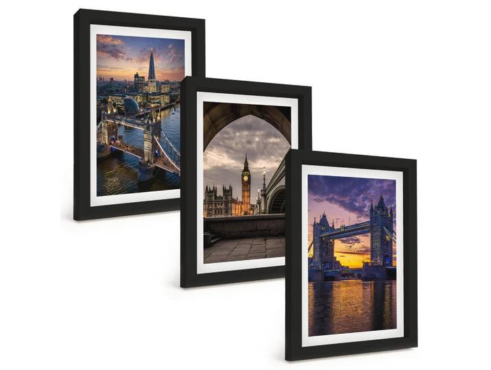 Tulup Bilder SET 3er Set - 20x30 cm Schwarzer Rahmen - Stadtbrücken, Uhrtürme, Kunststoff, Rechteckig, 20x30 cm, Fotografie, Bilder & Rahmen, Bilder
