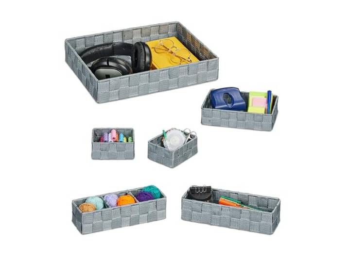 Relaxdays 6 paniers de rangement\, 4 tailles différentes\, aspect tressé\, corbeille en plastique\, salle bain\, gris