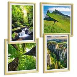 BILDER SET 4er Set - 50x50 cm & 40x60 cm Goldrahmen - Grüne Berge Wasserfallwald