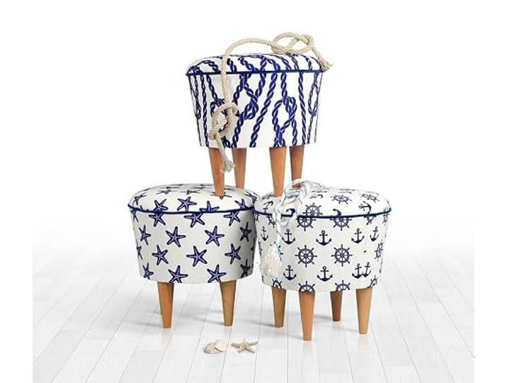 Atelier Del Sofa Stilvoller Pouf mit Holzbeinen, 42 cm hoch, 42 cm tief 100% Mikrofaser, 6 cm orthopädischer Schaumstoff Blau-Weiß, impressionistisches Design für Wohnbereiche