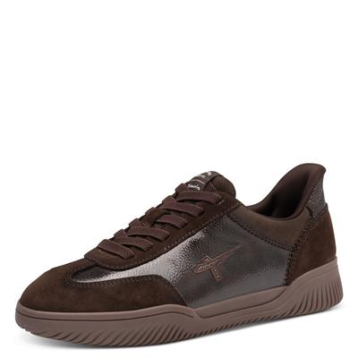 Slip-On Sneaker TAMARIS, Damen, Gr. 36, Textil, braun (dunkelbraun glänzend), Leder, Lederimitat, glänzend, Schuhe, Freizeitschuh, Halbschuh, Slipper mit T-Logostickerei, Topseller