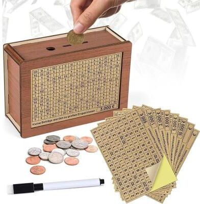 Uplift Essentials Wooden Euro Money Box With Saving Goals And Numbered Counter Reusable Piggy Bank For Kids And Adults set
