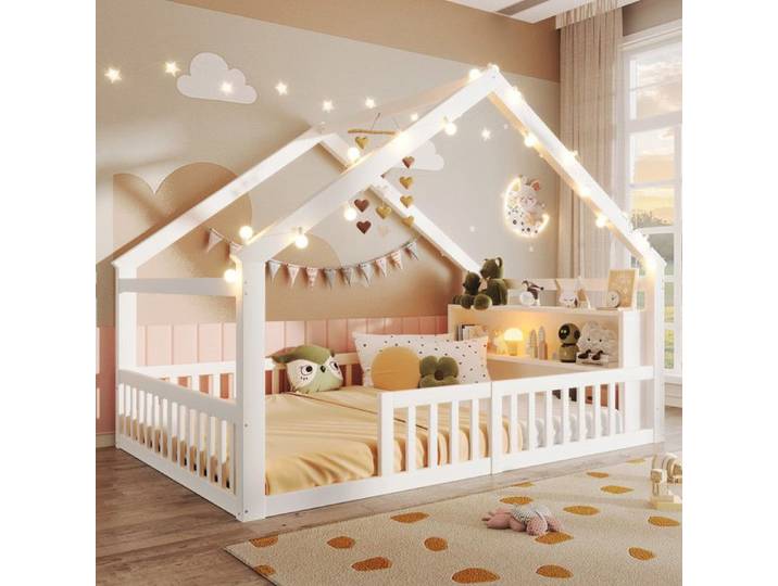Lit au sol 140x190cm avec Étagères montessori lit avec Porte et barrières de sécurité lit en bois avec sommier à lattes blanc