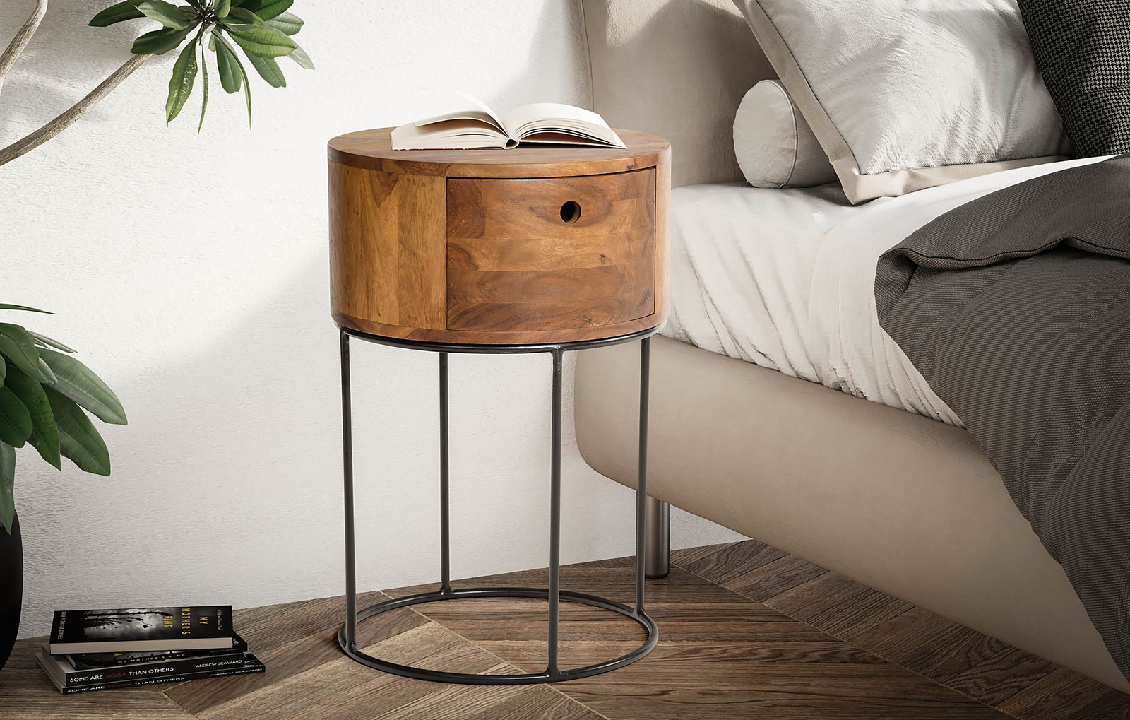 home24 Nachtkastje Saoued van sheeshamhout wit/bruin/donker honingkleurig Ø 40 cm
