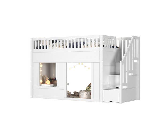 Redom Hochbett 90/200 cm mit Treppenschrank, Stauraum und umbaubarem Spielbereich, Weiß, 90x200 cm, Babymöbel & Kindermöbel, Kinderzimmer & Jugendzimmer, Kinderbetten, Hochbetten