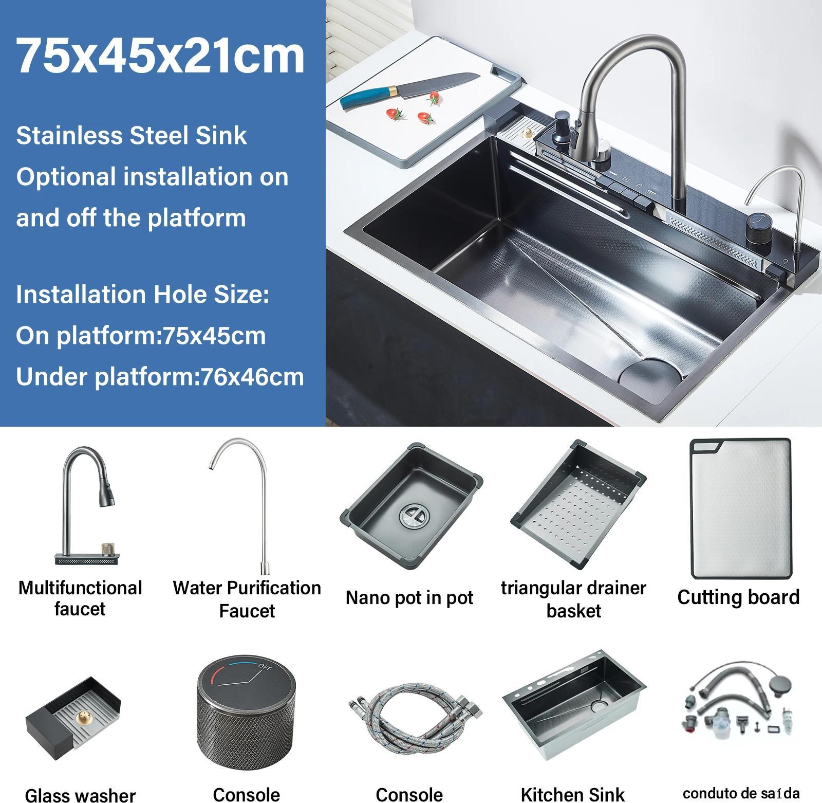 Küchenspüle aus 304 Edelstahl - Einzelbecken 75x45 cm - Schürzenfront Einbau - Wasserhahn mit Ausziehbrause - Regenstrahl - Gebürstet grau