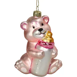 Christbaumschmuck Glas 11,4cm Teddy mit Babyflasche Figur Kugeln Weihnachtsbaum Anhänger Weihnachten Christbaumanhänger Weihnachtsbaumschmuck Rosa