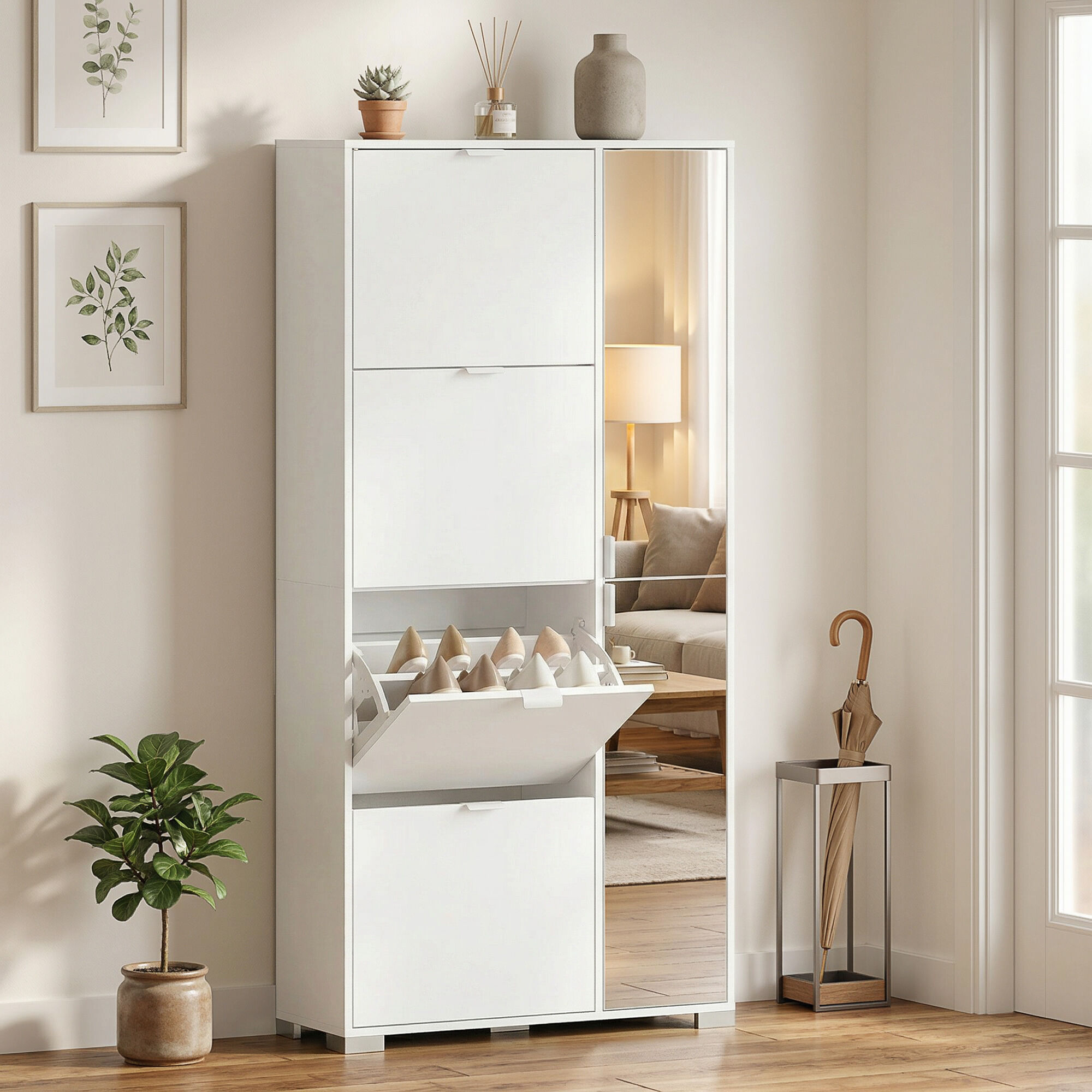 Altro Scarpiera Con Specchio, 4 Cassetti Ribalta, Scarpiera Ingresso, Bianco