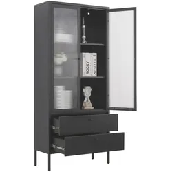 Mein-Regal Vitrine Paris 80x35x180cm Metall 2 Schubladen 2 Glastüren schwarz