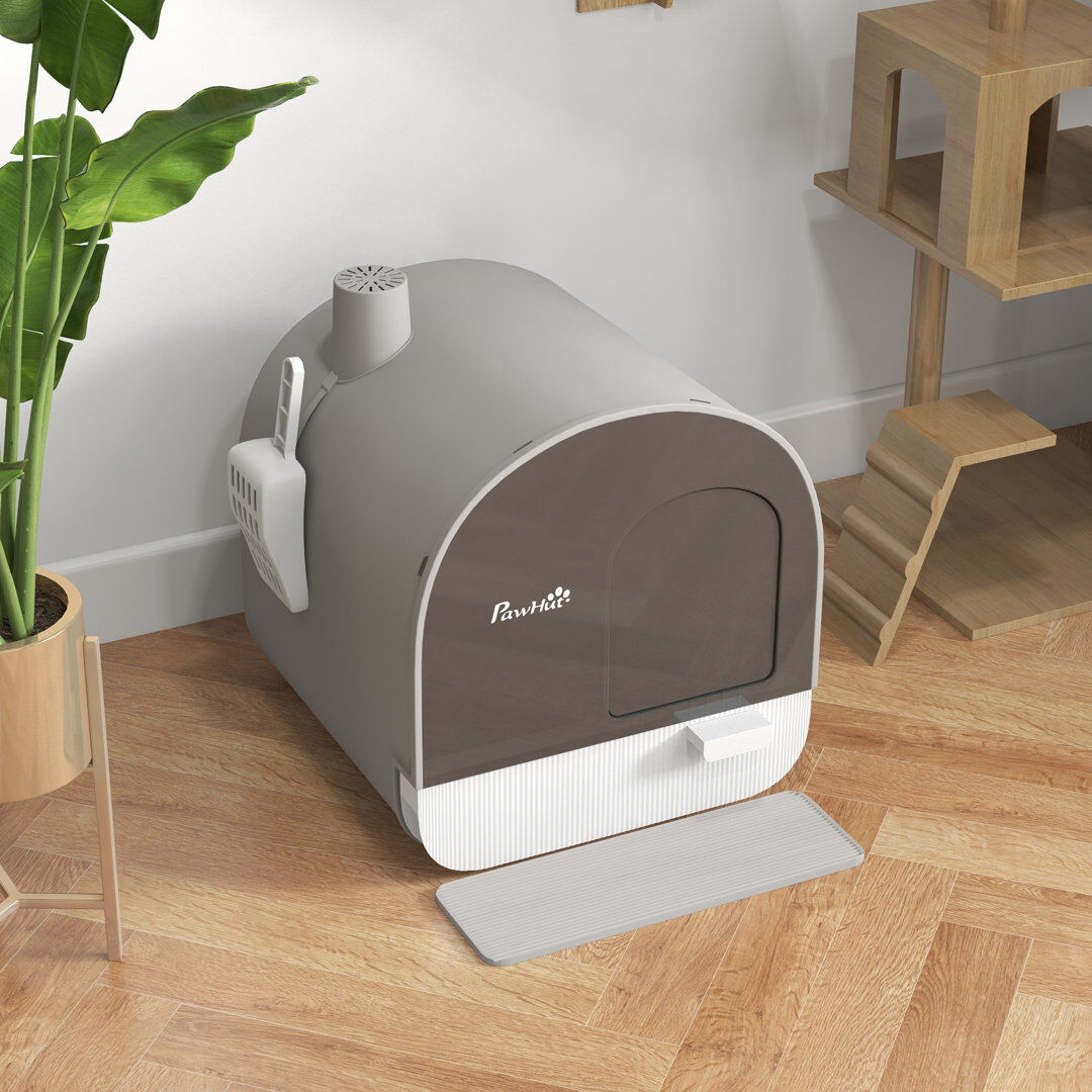 PawHut Cat Litter Box Kitten Litter Tray with Lid Scoop Filter Flap Door Grey/White 47cm H X 44cm W X 44cm D