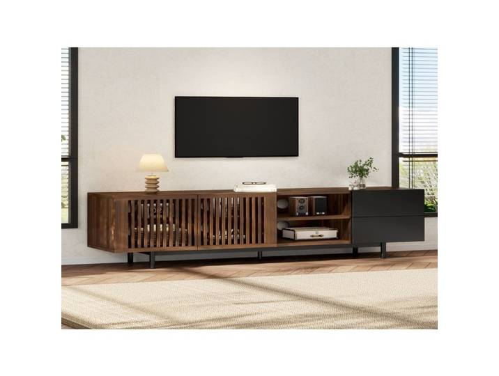 Meuble TV 160cm 2 Portes 2 Tiroirs et Niches Ouvertes Façades à Lattes en MDF pour Salon 160x38x50cm Noir Noyer