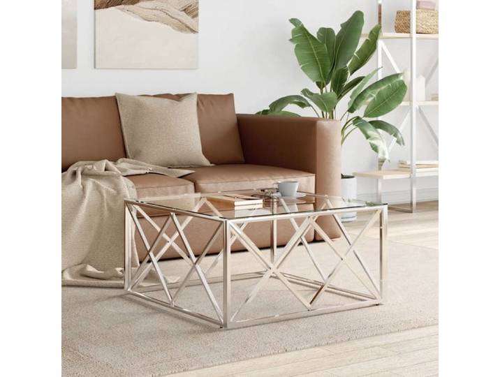 SALE 2026  Table à café Argent - Table basse 80x80x40cm acier inoxydable et verre PRO997234400