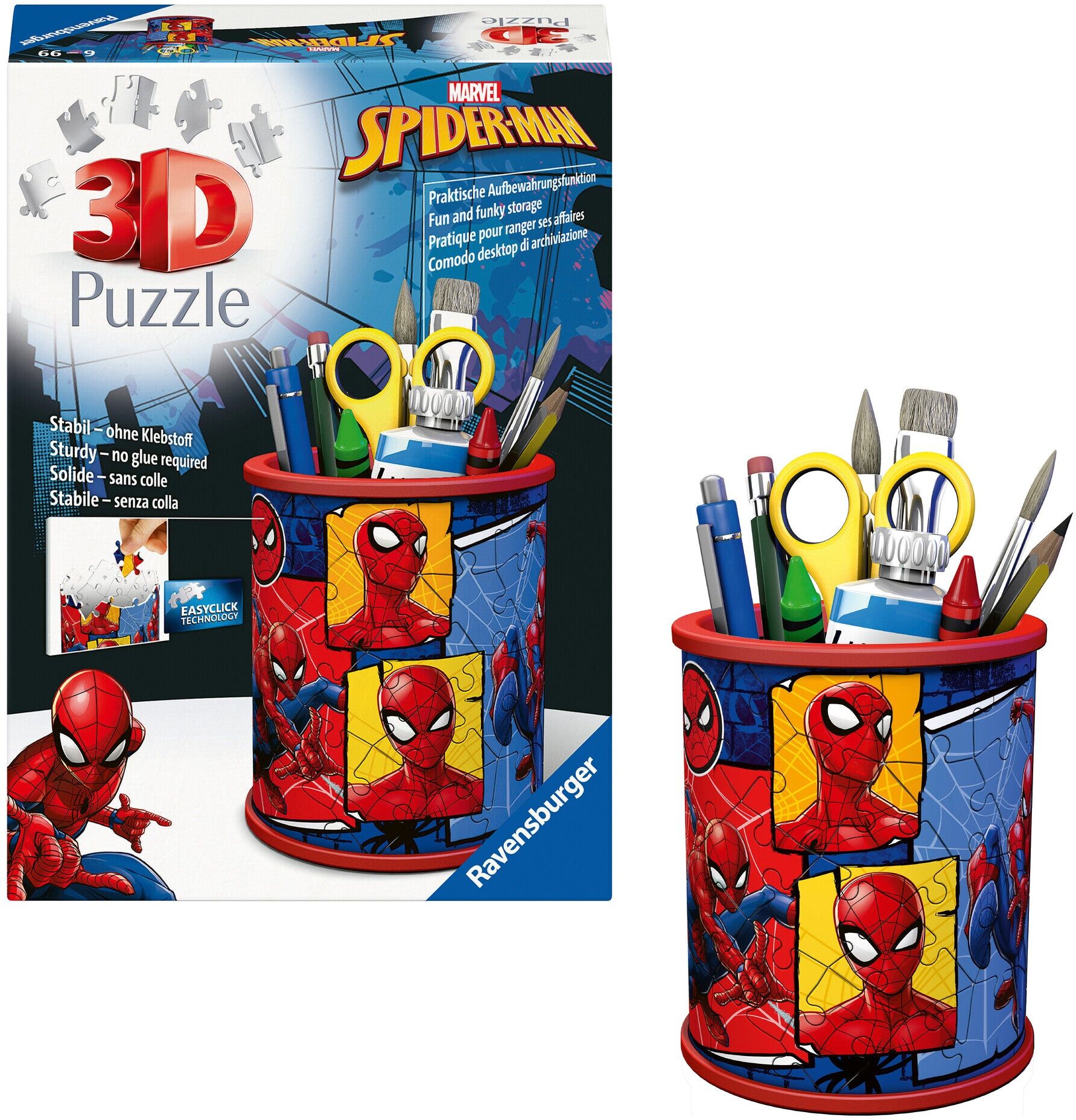 Ravensburger Marvel Spider-Man 3D Pencil Holder Puzzle 54 Pieces for Kids, Ages 6 and over, Plastic Construction, Red-and-Blue Color