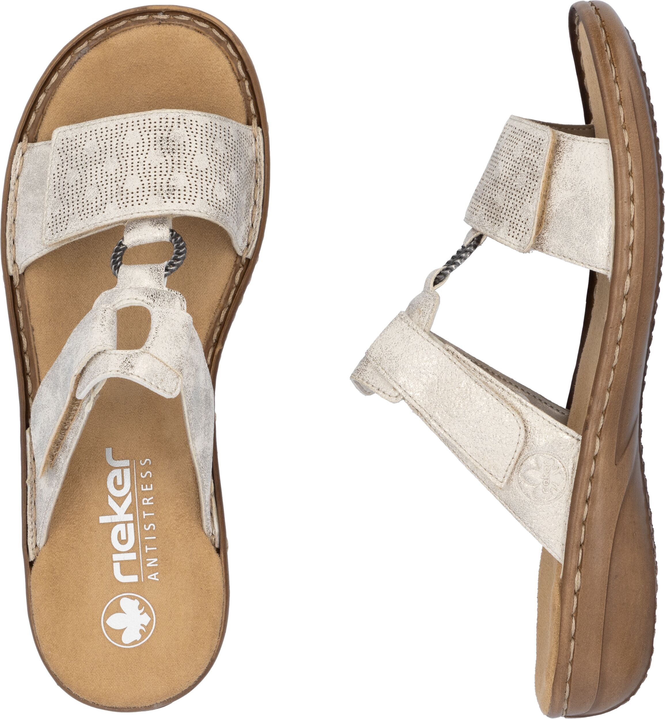 Pantolette RIEKER, Damen, Gr. 42, Synthetik, beige (creme), Lederimitat, metallic, Schuhe Pantolette, Sommerschuh, Strandschuh, Klettschuh mit Perforation