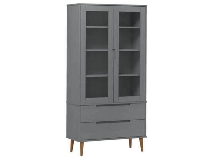 HGFDVCMR Vitrinenschrank MOLDE Kiefer Massivholz Grau 90x35x175 cm Skandinavisches Standregal für Wohnzimmer mit 2 Glastüren, 2 Schubladen und viel Stauraum aus Kiefernholz.