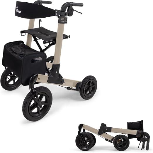 Luxo Air Rollator - Leicht & 2-fach faltbar - Mit Luftreifen, integriertem Bremssystem, gepolsterter Sitz- und Rückenlehne, Tasche, Stockhalter - 7,1 kg - Gehhilfe für Senioren - Champagner