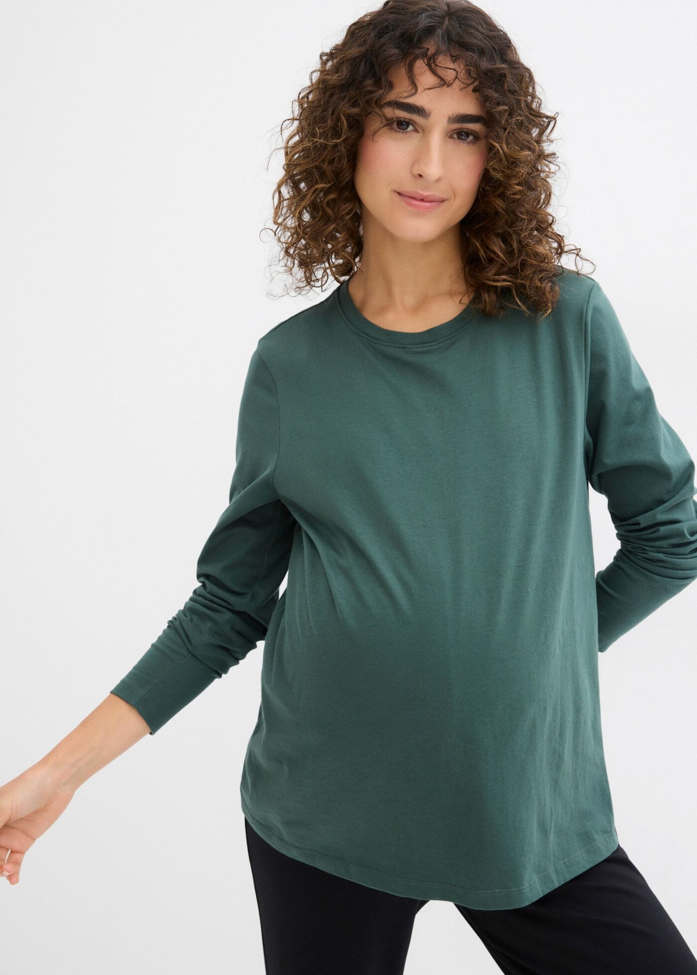 Umstandsshirt BONPRIX, Damen, Gr. 32/34 (XS), bunt (schattengrün, schwarz), Obermaterial: 95% Baumwolle, 5% Elasthan, lässig geschnitten, Shirts Umstandsshirt, im Doppelpack, aus Jersey, lässig geschnitten