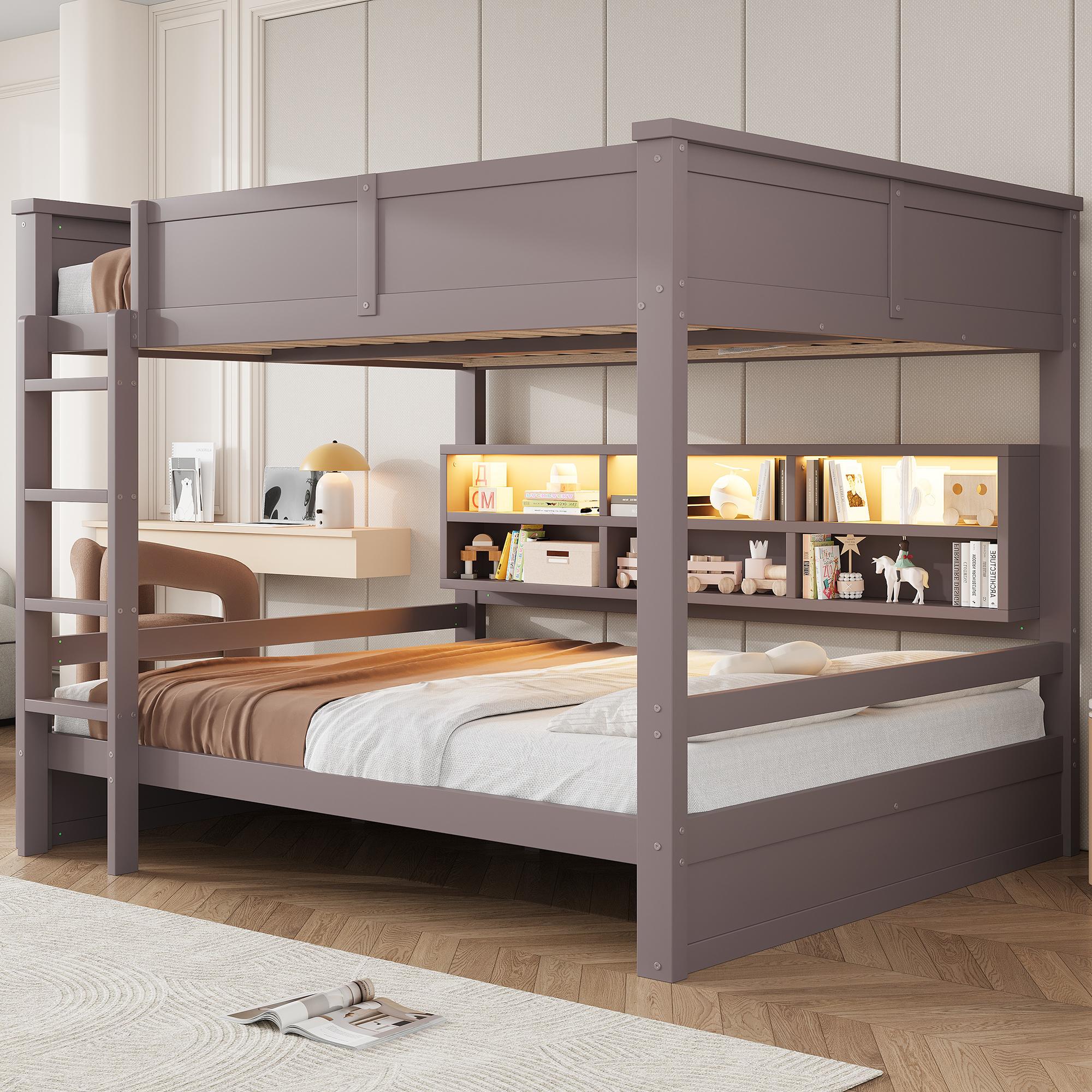 okwish Doppelbett 160x200 Kinderbett mit LED Beleuchtung und Stauraumschränken Etagenbett Holzbett mit Sicherheitsgeländer Braun (ohne Matratze)