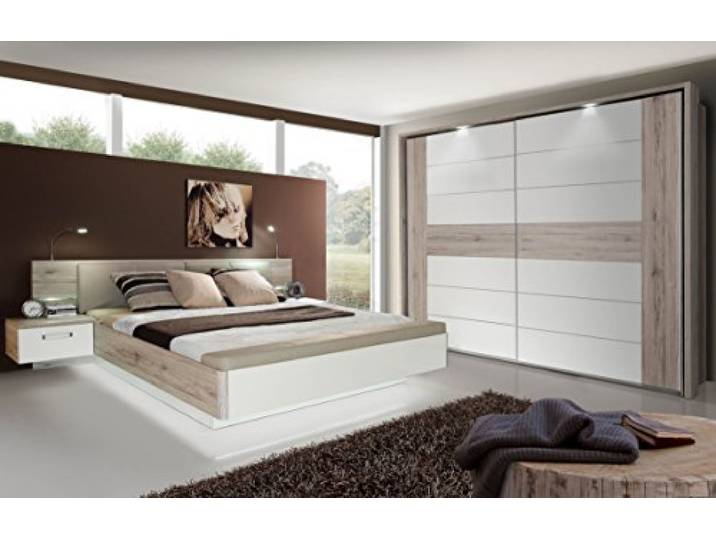 Forte RONDINO Doppelbett, Liegefläche: 180 x 200 cm, Sandeiche Holzdekor/Hochglanz Weiß Bettanlage Doppelbett Bett inkl. Fussbank und Nachtkonsolen, 285,3 cm breit x 87,7 cm hoch x 237 cm tief