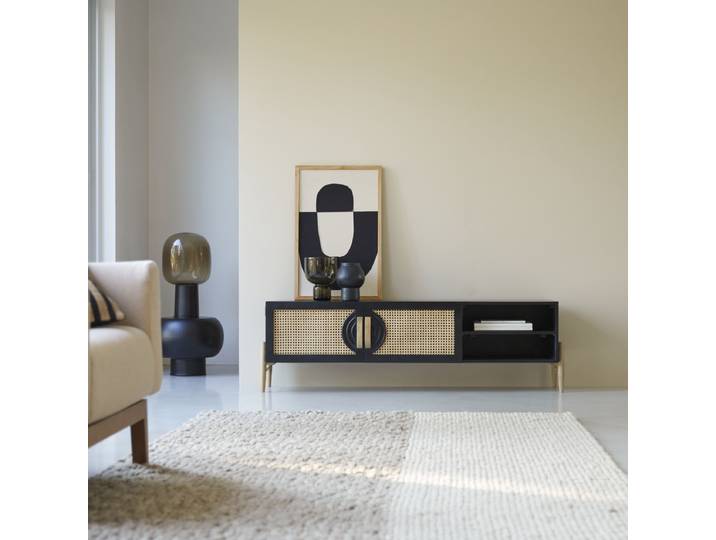 TV-Möbel aus massivem Mangoholz schwarz und Rattan Sina 145 cm - Schwarz