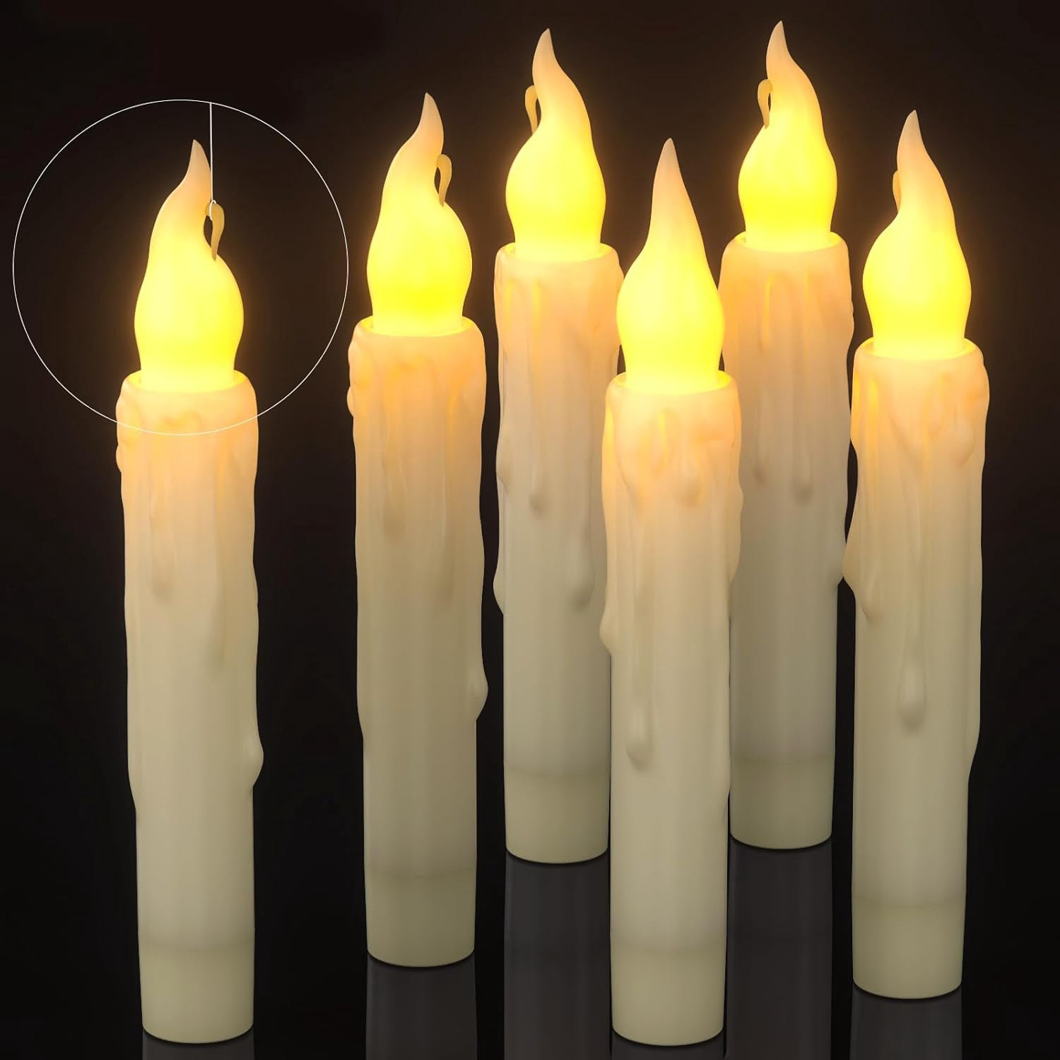 Set van 6 Conische LED-kaarsen met timer, warm geel, vlamloze elektrische batterijkaarsen voor Halloween, Kerstmis en bruiloften, Hoogte: 16,99 cm
