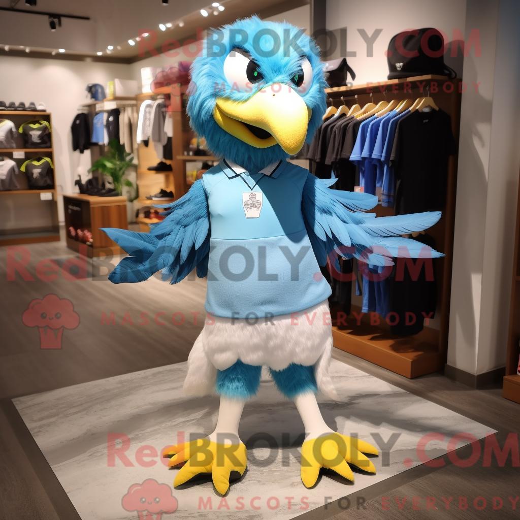 Maskottchen REDBROKOLY eines himmelblauen Adlers mit Laufshorts und Messengerbag