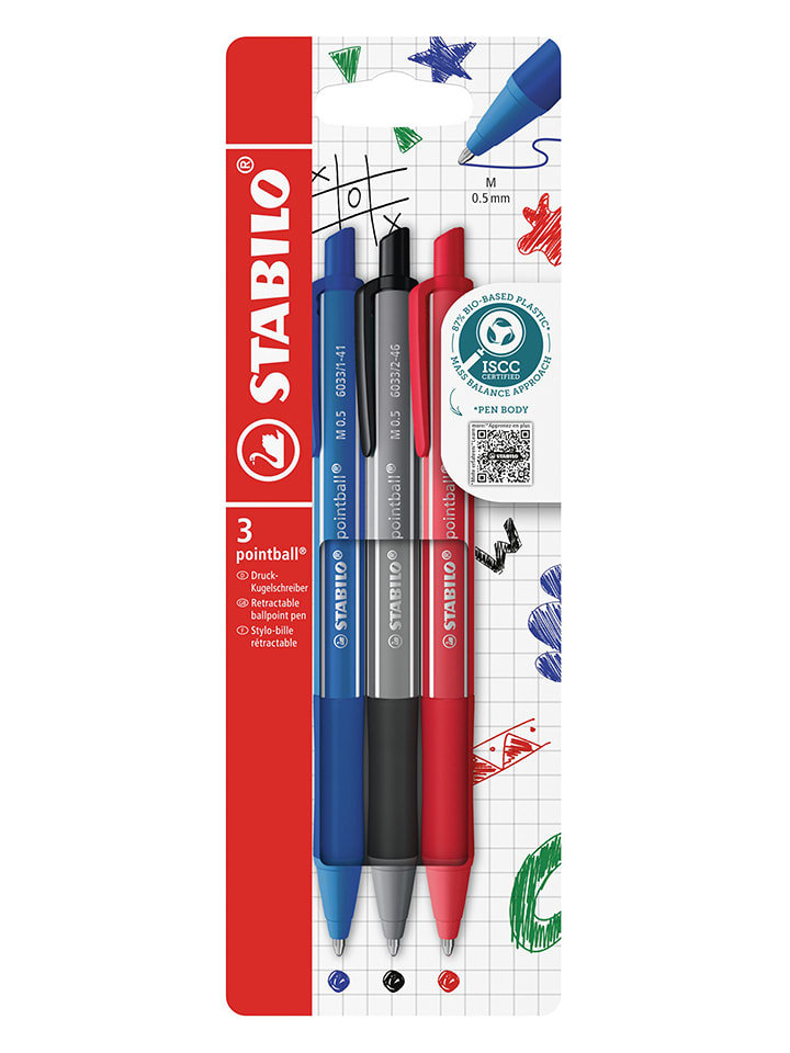 STABILO 3er-Set: Druck-Kugelschreiber in Blau, Rot, Anthrazit - - onesize