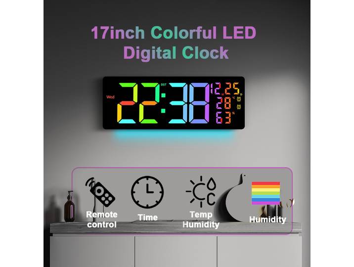 Grande réveil numérique de 17 pouces avec 11 couleurs et affichage RGB dynamique, horloge murale LED RGB avec changement de couleur/double alarme/décoration de la pièce