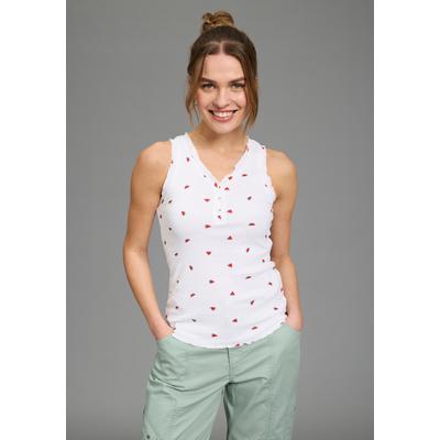 Shirttop KANGAROOS, Damen, Gr. 44/46, weiß, Rippware, Obermaterial: 100% Baumwolle, figurbetont hüftlang, V-Ausschnitt, Tops Shirttop, mit Melonendruck, V-Ausschnitt und Knopfleiste, ärmellos, figurbetont