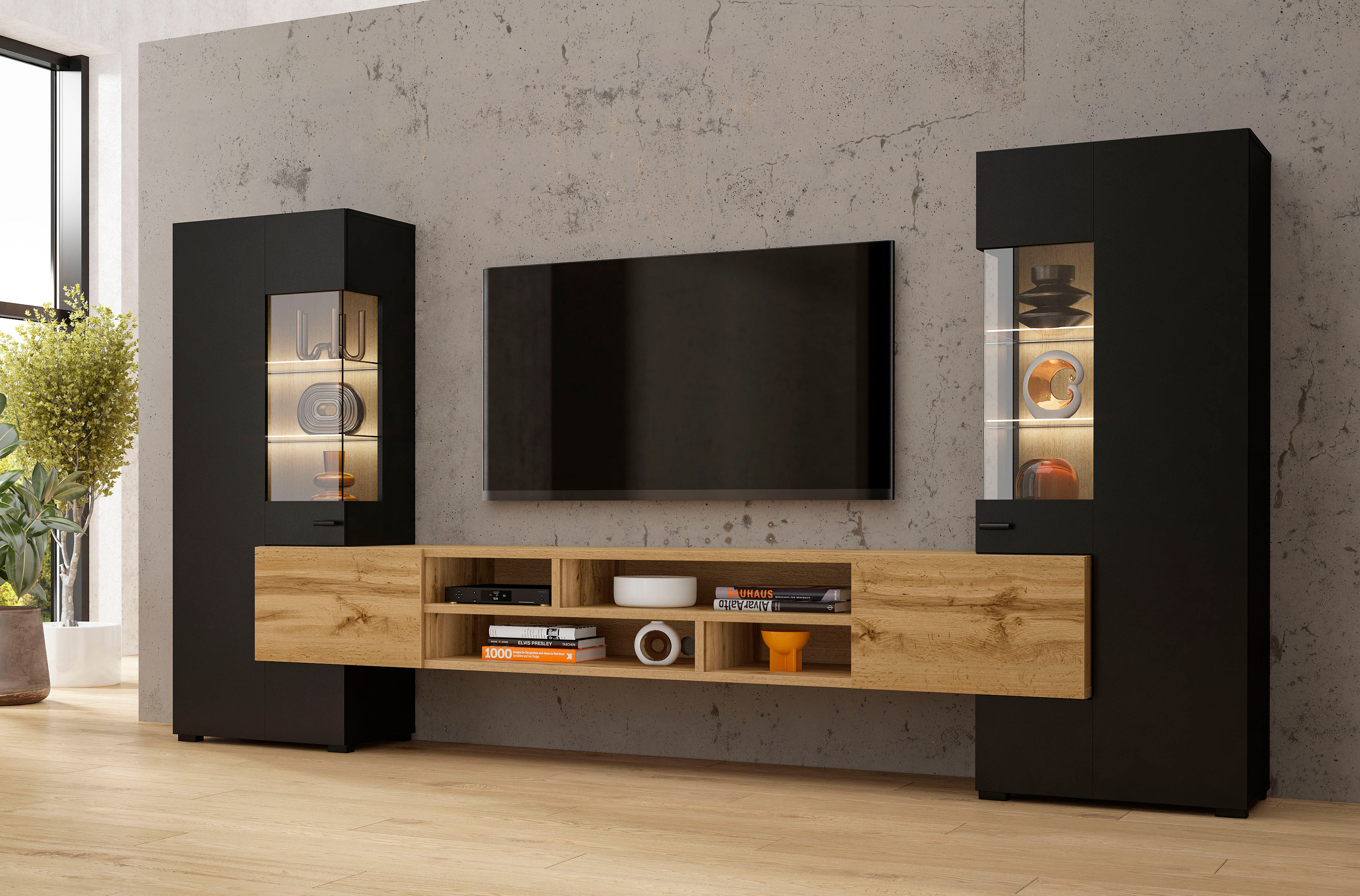 Wohnwand HOME AFFAIRE "Coby", schwarz (schwarz, eichefarben wotan), B:270cm, Kastenmöbel-Sets, Wohnwand, Breite 270 cm schwarz, eichefarben wotan B/H/T: 270cmcm