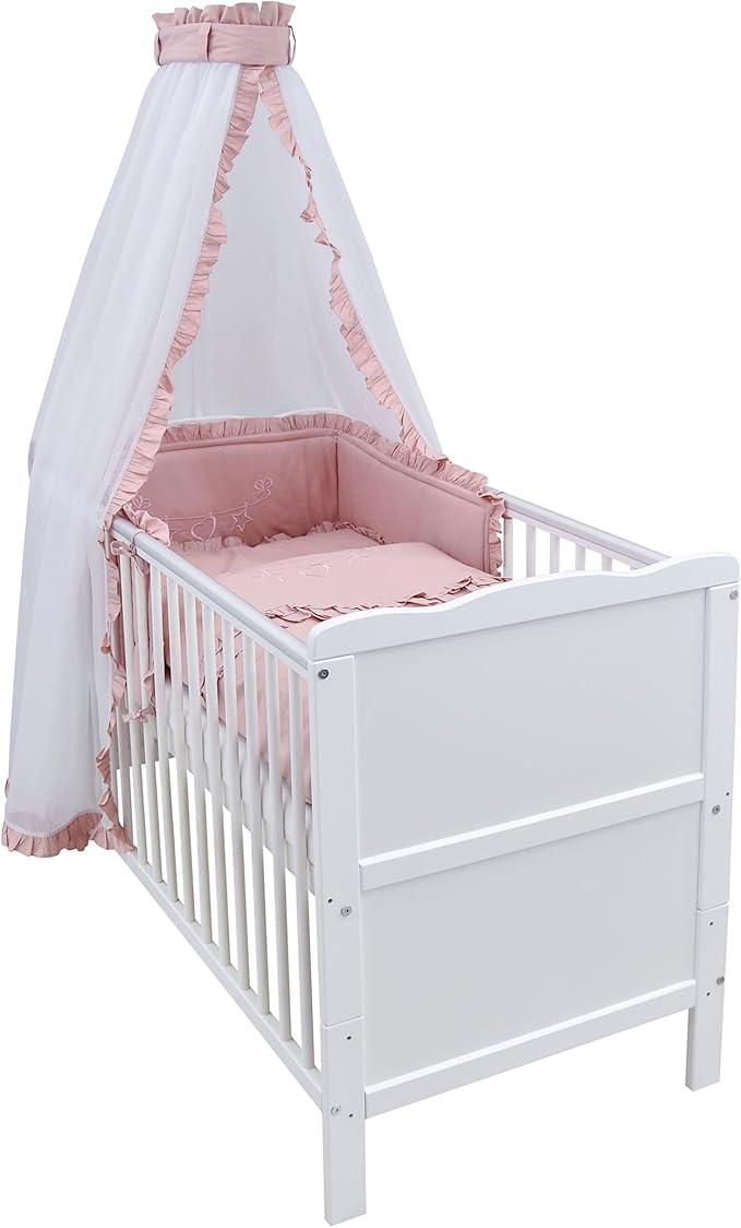 Babybett Komplett Set Kinderbett 60x120 cm umbaubar zum Juniorbett weiß 10-TLG Max Bettset Matratze Chiffonhimmel (Royal Rosa Rüsche)