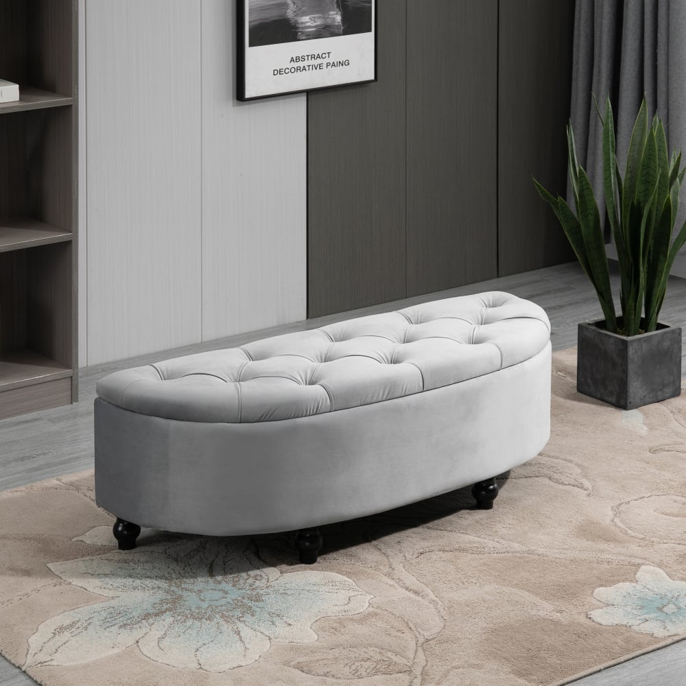 Homcom Pouf de rangement coffre classique capitonné demi-cercle velours gris Gris 120x42x46cm