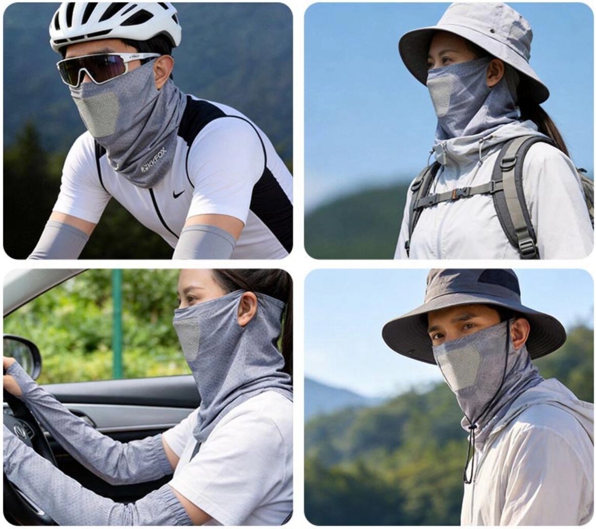 INF Ice-Silk Vollgesichts-Sonnenschutzmaske – Kühles, atmungsaktives Polyester, 360° Schutz für Gesicht und Nacken, Hellgrau