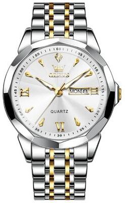Everyday Crate OLEVS 9998 Mens Quartz Watch Diamond Dial Waterproof Watch With Dual Calendar Stainless Steel Strap white + Gold