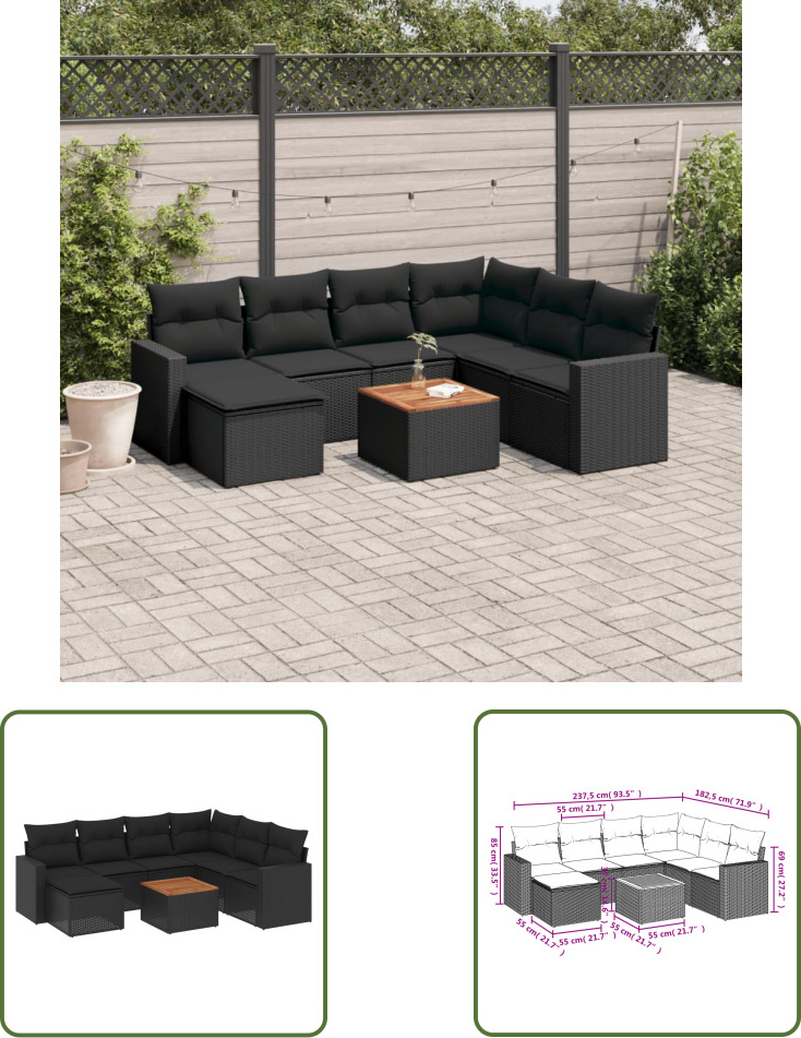The Living Store 8-tlg. Garten-Sofagarnitur mit Kissen Schwarz Poly Rattan