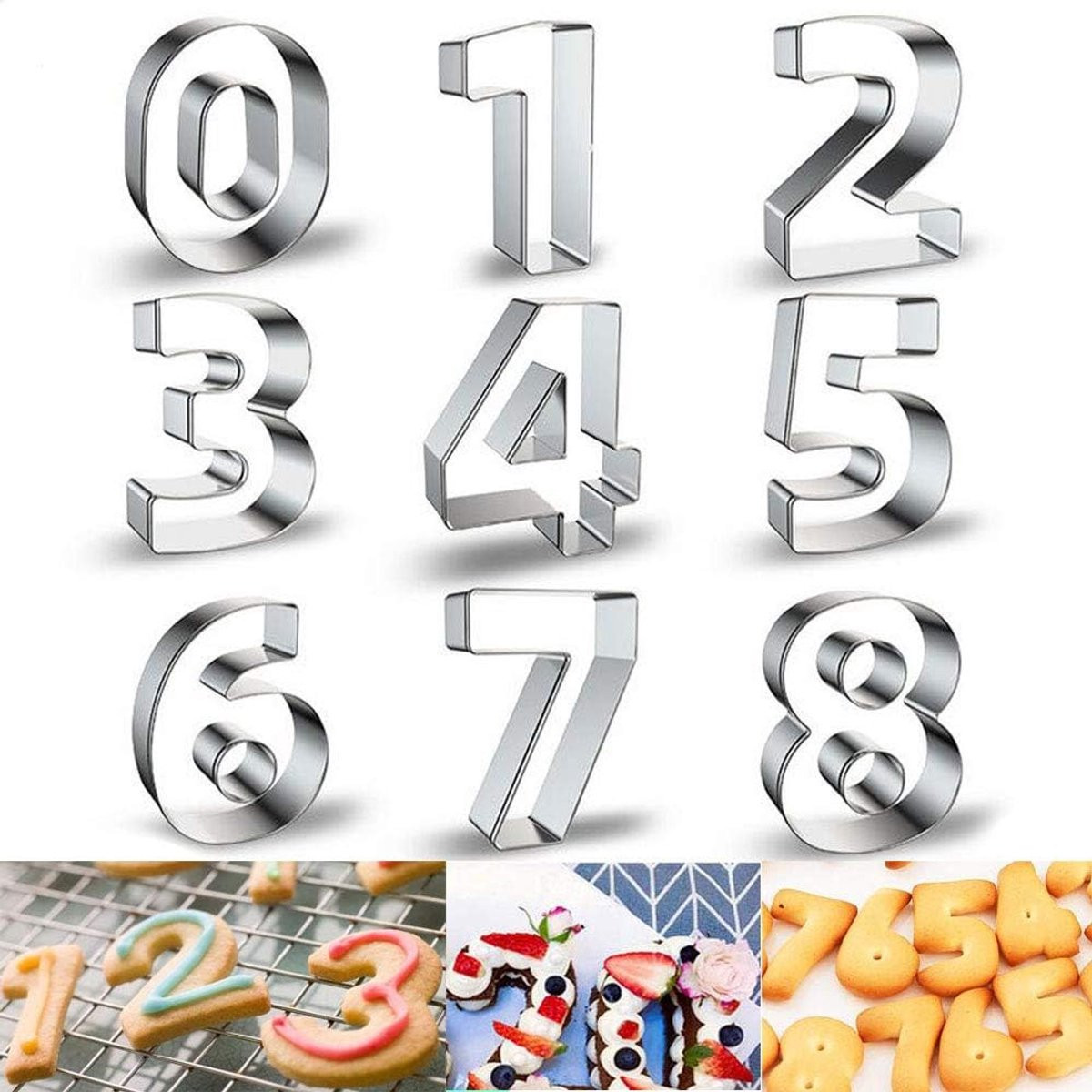 9-delige set zilverkleurige nummer koekjesvormpjes van roestvrij staal voor taartdecoratie