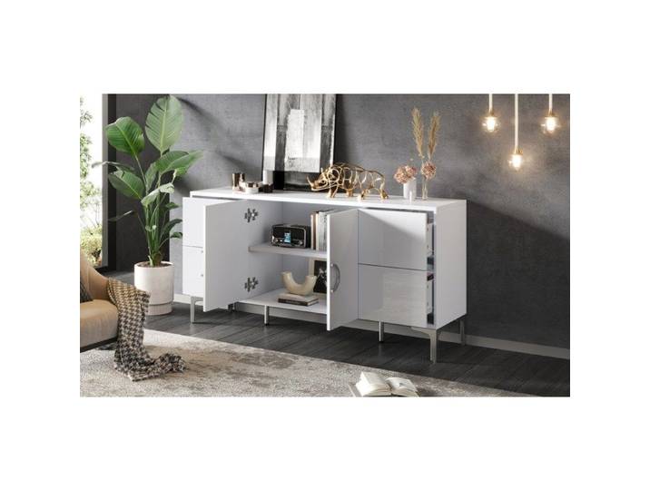 Buffet bas blanc brillant 150 x 38 x 59 5 cm en MDF avec 4 tiroirs et 2 portes